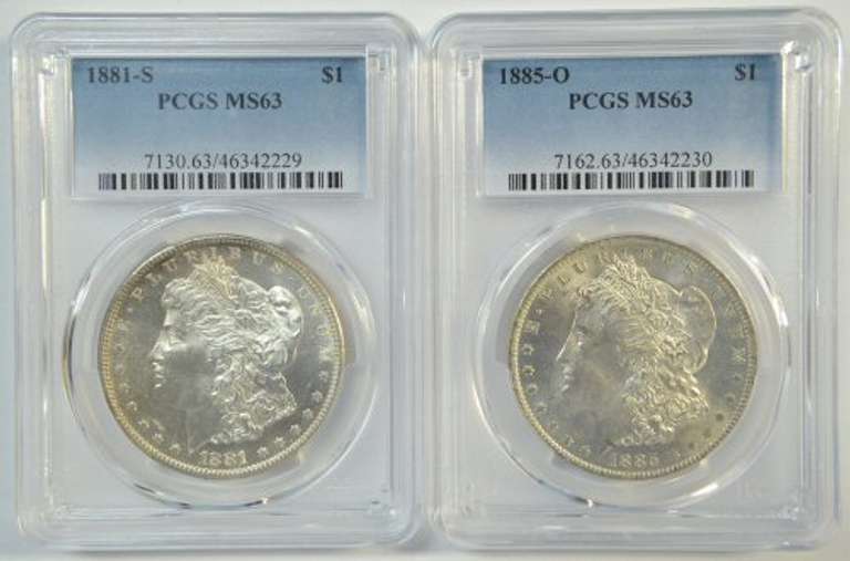 Choice BU 1881-S & 1885-O Morgan Silver Dollars. PCGS MS63