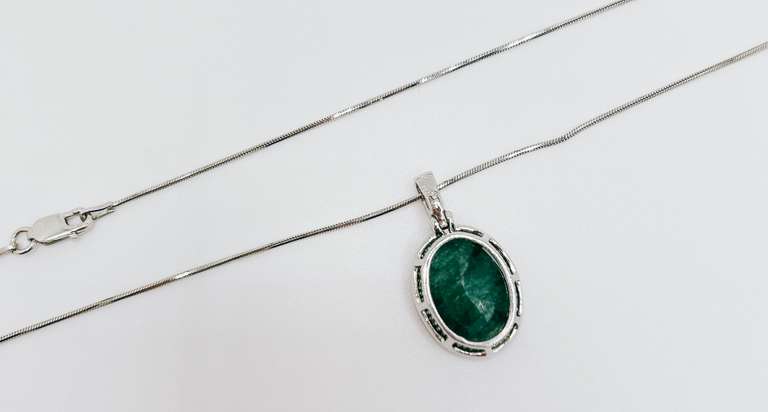 Beautiful 10.0 Carat Emerald and White Sapphire Pendant Necklace in Sterling Sliver