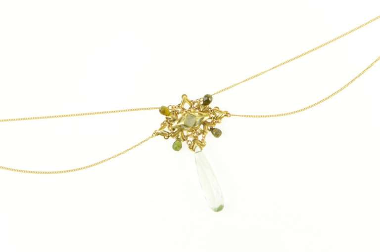 18K Yellow Gold 1940's Ornate Prasiolite Quartz Drop Necklace