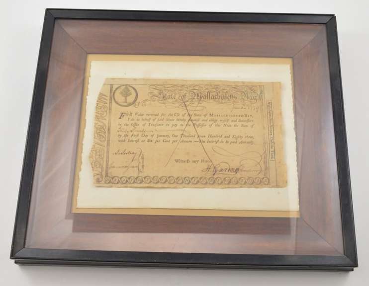 1779 Massachusetts-Bay 30 Pound Lottery Ticket Framed w/ Tru Vue Glass