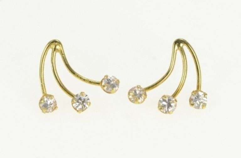 14K Yellow Gold Fanned CZ Curved Bar Vintage Stud Earrings