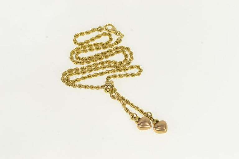 14K Yellow Gold 2.6mm Rope Chain Heart Tassel Fringe Necklace