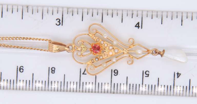 Fabulous Yellow Gold Edwardian Peal and Ruby Pendant Necklace
