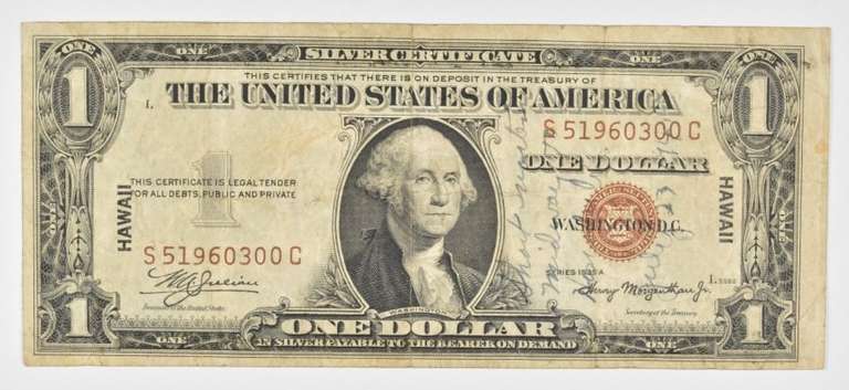 1935-A $1 US Silver Certificate Hawaii Overprint WWII Short Snorter