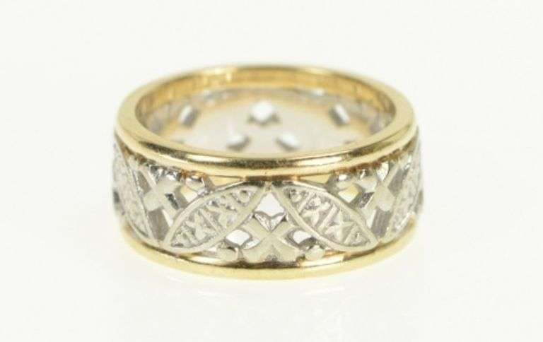 14K Yellow Gold 1940's Ornate 8.6mm Patterned Lattice Band Ring