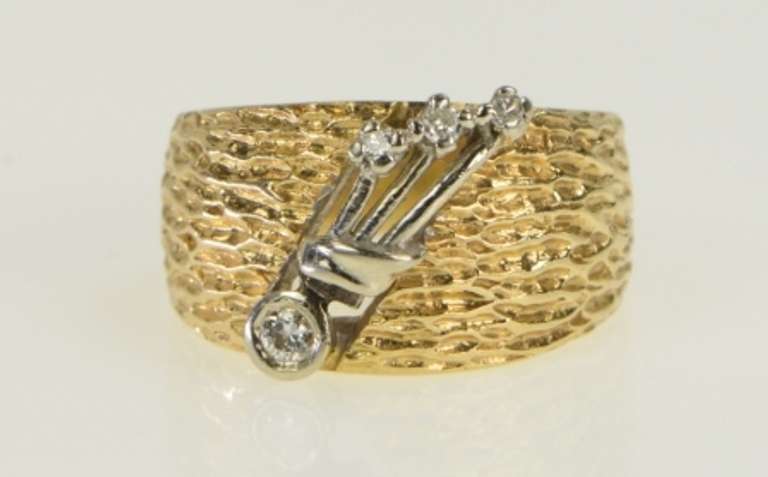 14K Yellow Gold 1940's Diamond Floral Leaf Diamond Cut Band Ring