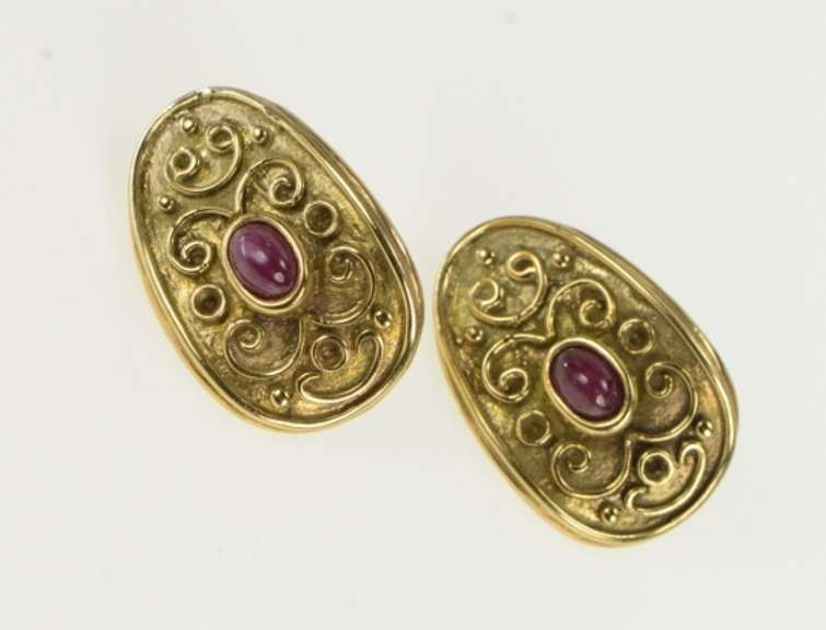 14K Yellow Gold Oval Ruby Etruscan Revival Ornate Vintage Earrings