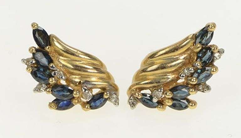 10K Yellow Gold Marquise Sapphire Wings Diamond Stud Earrings