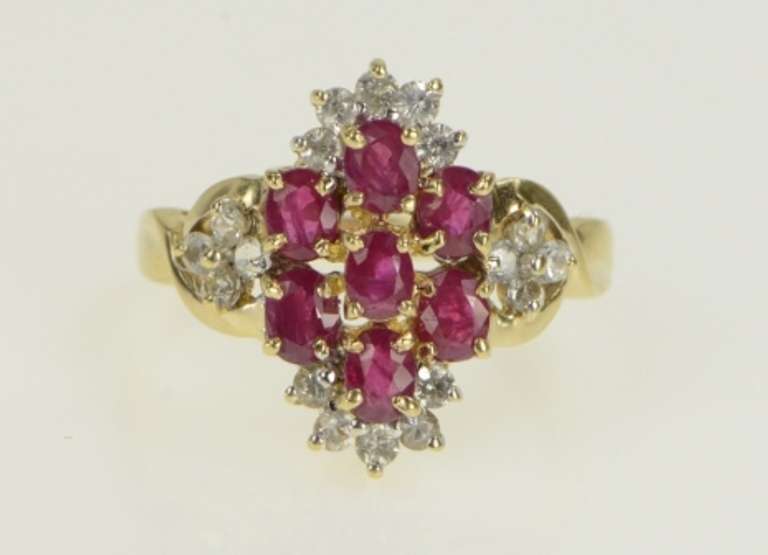 10K Yellow Gold Oval Natural Ruby Diamond Cluster Statement Ring