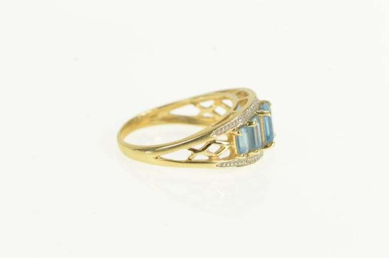 14K Yellow Gold Emerald Cut Blue Topaz Diamond Accent Ring