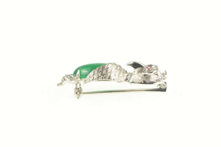 18K White Gold Perched Owl Green Chalcedony Syn. Ruby Pin/Brooch