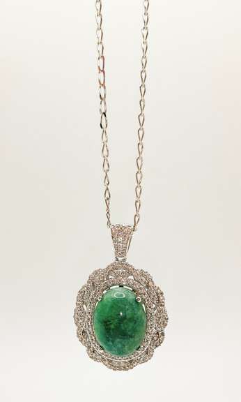 Beautiful 12.0 Carat Emerald and White Sapphire Sterling Sliver Pendant Necklace.