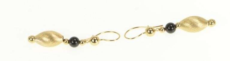 14K Yellow Gold Black Onyx Round Black Dangle Vintage Earrings