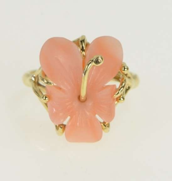 14K Yellow Gold Carved Coral Flower Rose Hibiscus Cocktail Ring