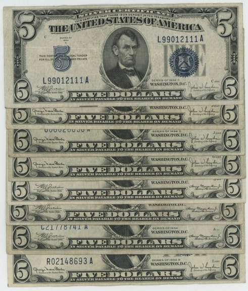 8 Much nicer Series of 1934 $5 Blue Seal Silver Certificates