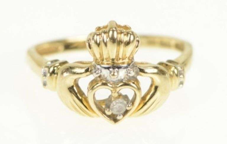 10K Yellow Gold Diamond Claddagh Traditional Celtic Loyalty Ring