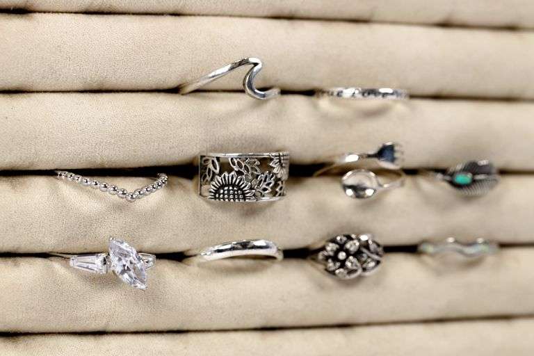 .925 Sterling Silver Curated Ring Lot of 10 Rings Various Sizes & Styles