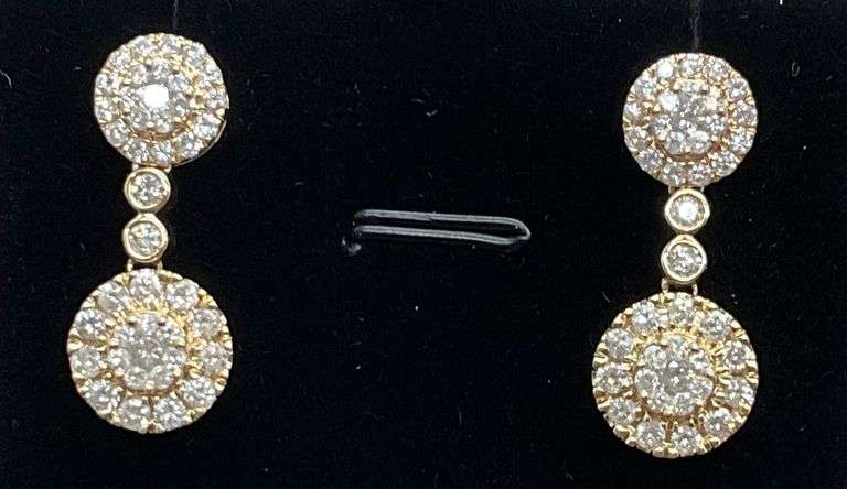 CERTIFIED 14K GOLD AND DIAMOND CLUSTER DROP EARRINGS