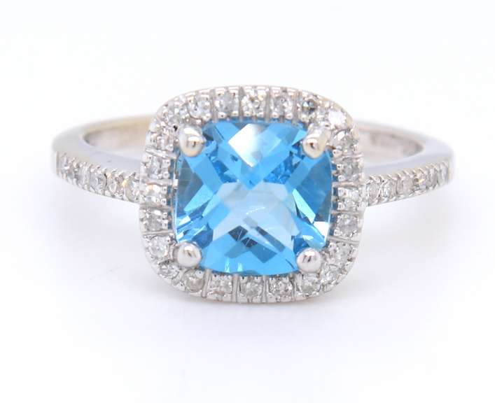 Attractive White Gold Checkerboard Blue Topaz and Diamond Ring