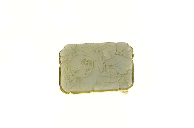 14K Yellow Gold Ornate Carved Chinese Jade Gardener Belt Buckle
