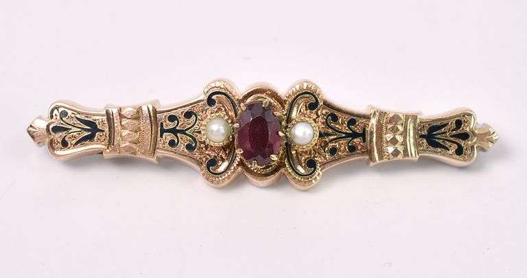 Unique Rhodolite Garnet And Pearl Pin In Yellow Gold