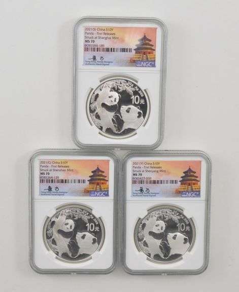 (3) MS70 2021(G)(S)(Y) China 10 Yuan 30g Silver Panda FR Sign NGC COA