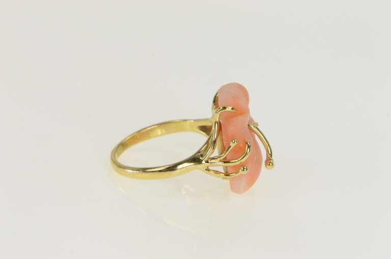14K Yellow Gold Carved Coral Flower Rose Hibiscus Cocktail Ring