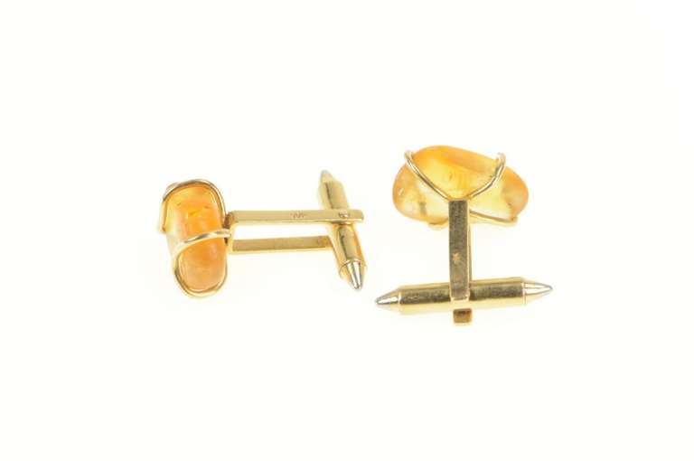 18K Yellow Gold Raw Amber Cabochon Vintage Men's Cuff Links