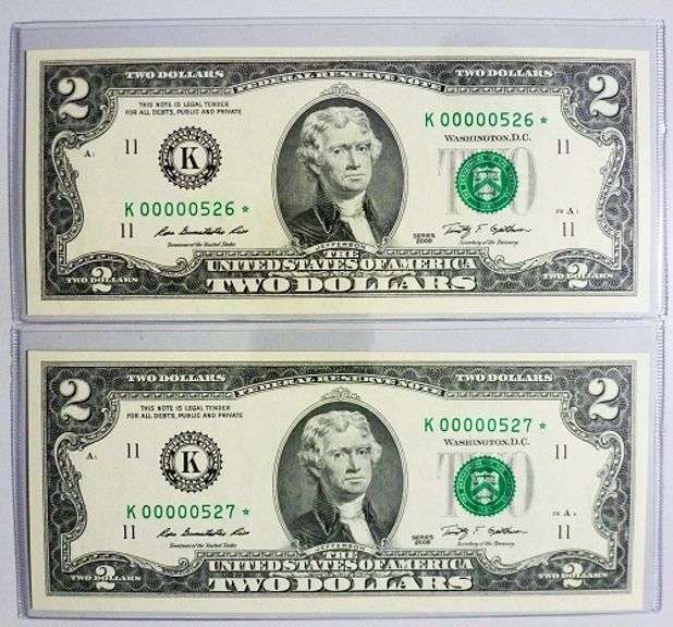 (2) Superb Crisp 2009 Dallas $2 Star Notes Scare Consecutive 3 Digit Serial Numbers!