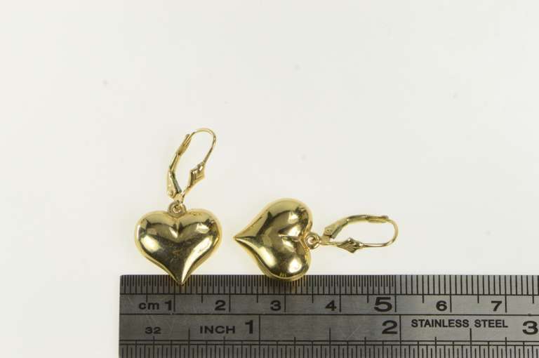 14K Yellow Gold Puffy Heart Love Symbol Dangle Vintage Earrings