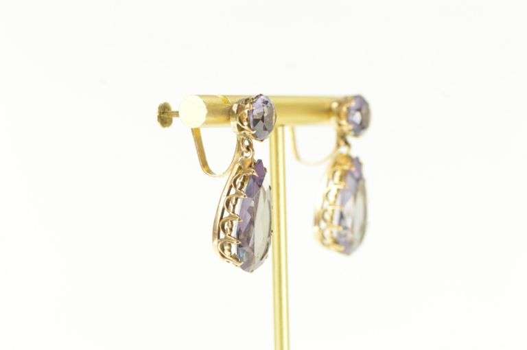 14K Yellow Gold Victorian Amethyst Tear Dangle Screw Back Earrings
