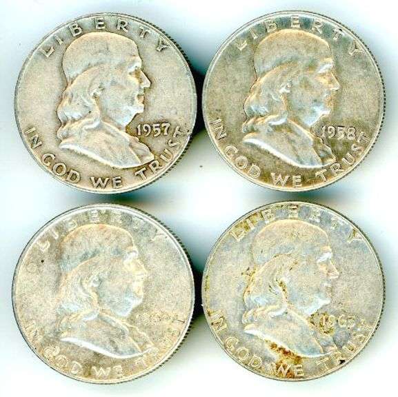 4 Different Silver Franklin Half Dollars 1957-D-1963-D