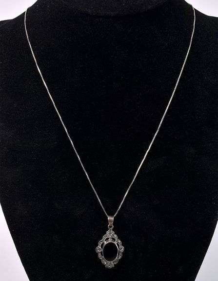 Black Onyx And Marcasite Pendant Necklace In Sterling Silver
