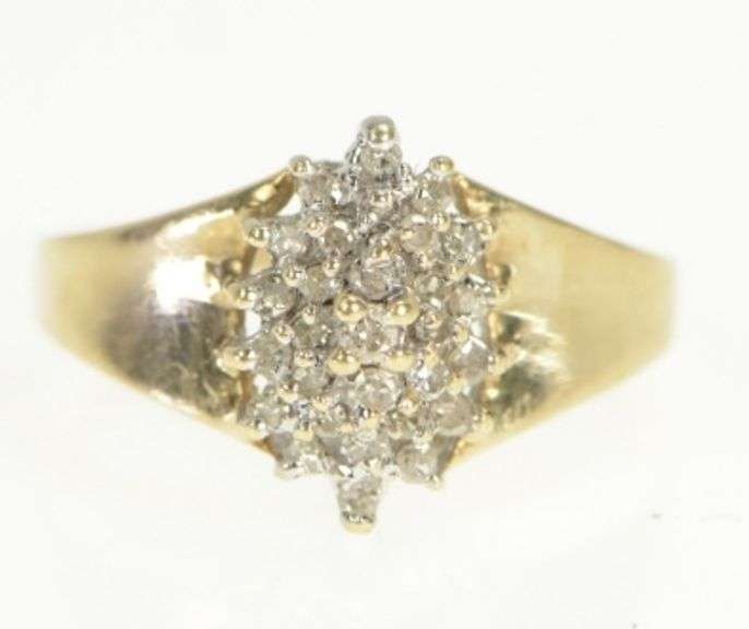 10K Yellow Gold Marquise Diamond Cluster Vintage Statement Ring