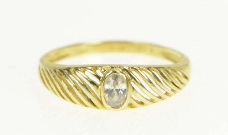 14K Yellow Gold Grooved Oval Solitaire Travel Engagement CZ Ring