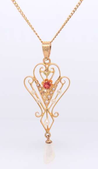 Fabulous Yellow Gold Edwardian Peal and Ruby Pendant Necklace