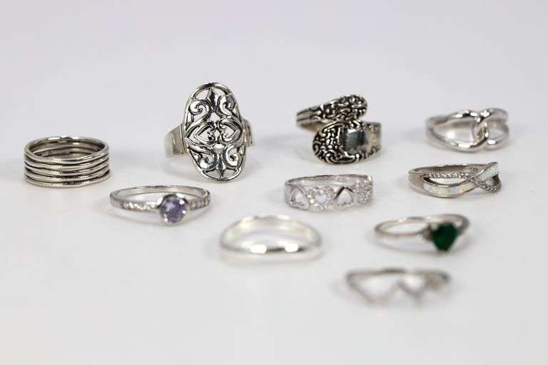 .925 Sterling Silver Curated Ring Lot of 10 Rings Various Sizes & Styles