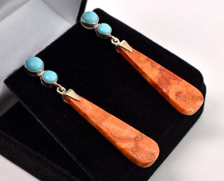 Blue Turquoise And Coral Earrings In Sterling Silver