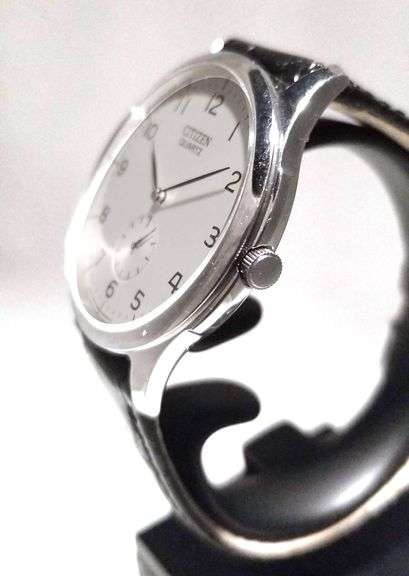 Citizen Be9061-27a Mens Watch Stainless Steel Quartz Silver Tone Dial Black Leather Strap