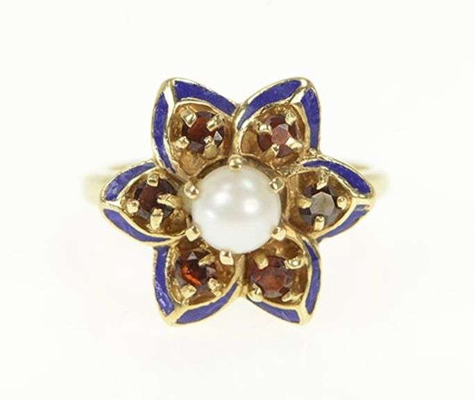 14K Yellow Gold Pearl Garnet Blue Enamel Flower Cocktail Ring