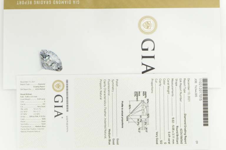 GIA 0.49 Ct Round Brilliant Cut G Color SI2 Clarity Diamond