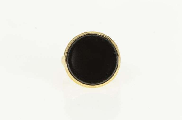 14K Yellow Gold Round Black Onyx 1960's Unique Cocktail Ring