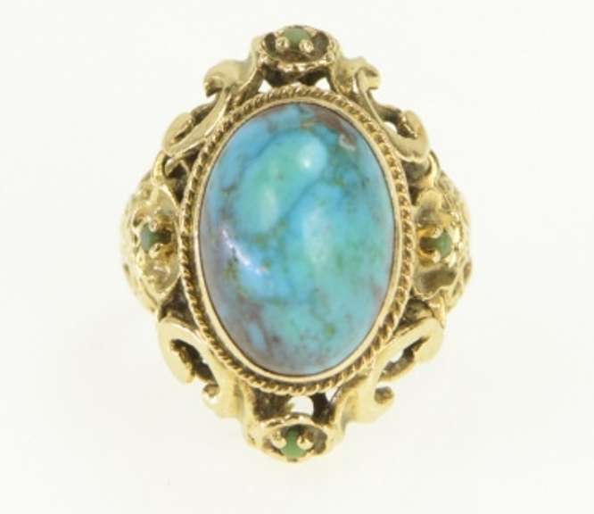 14K Yellow Gold Oval Turquoise Ornate Floral Filigree Vintage Ring
