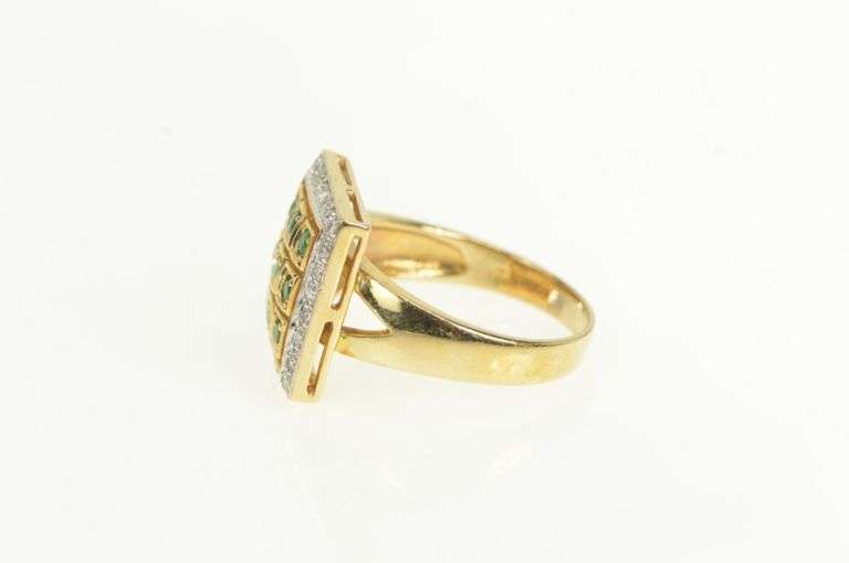14K Yellow Gold Emerald Diamond Squared Halo Statement Ring