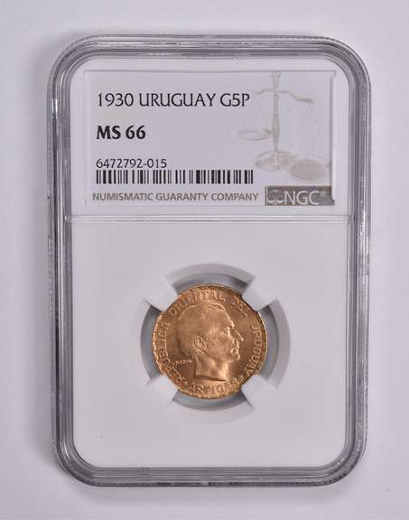 MS66 1930 Uruguay Gold 5 Pesos NGC TOP POP