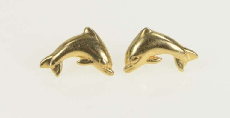 14K Yellow Gold Dolphin Ocean Animal Vintage Stud Earrings