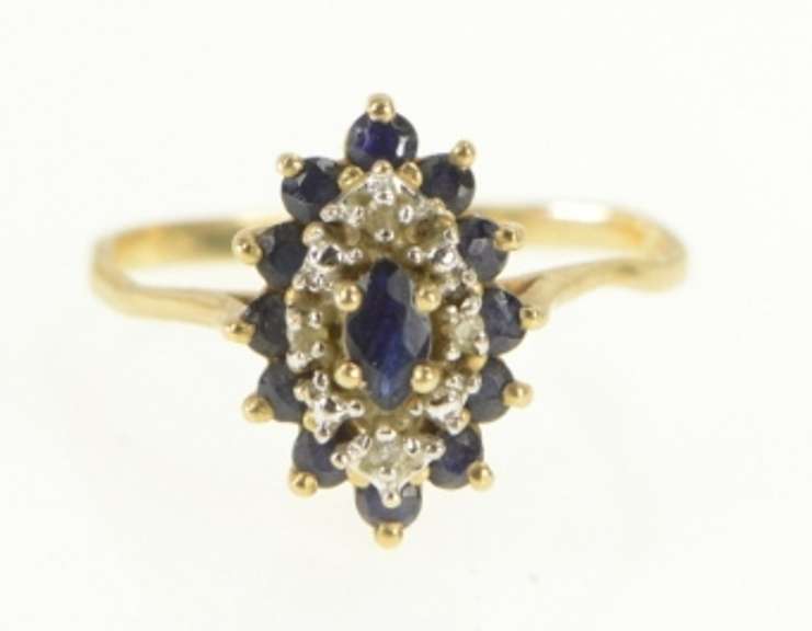 10K Yellow Gold Sapphire Diamond Halo Classic Statement Ring