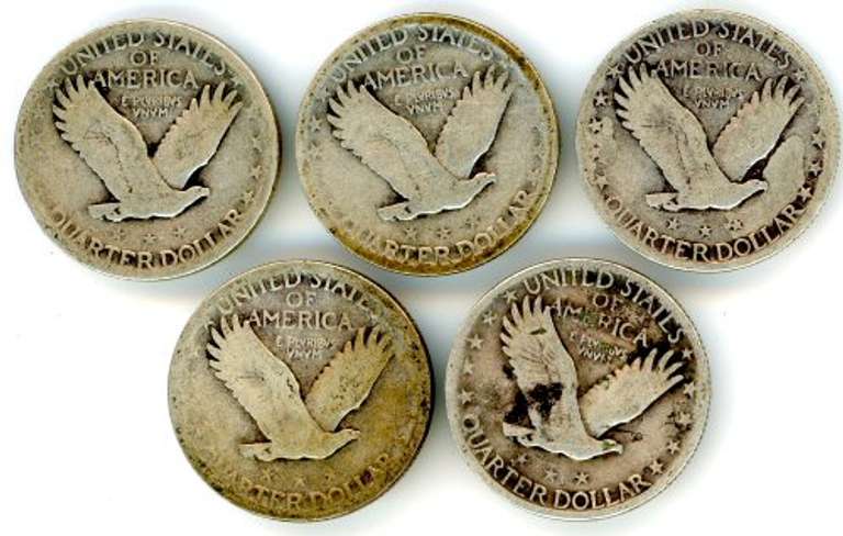Five Different Silver Standing Liberty Quarters: 1925-1930