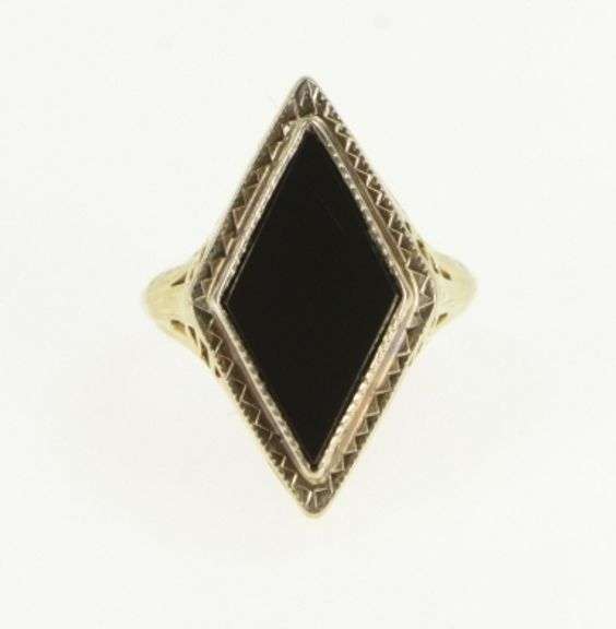 10K Yellow Gold Art Deco Black Onyx Filigree Elaborate Ring