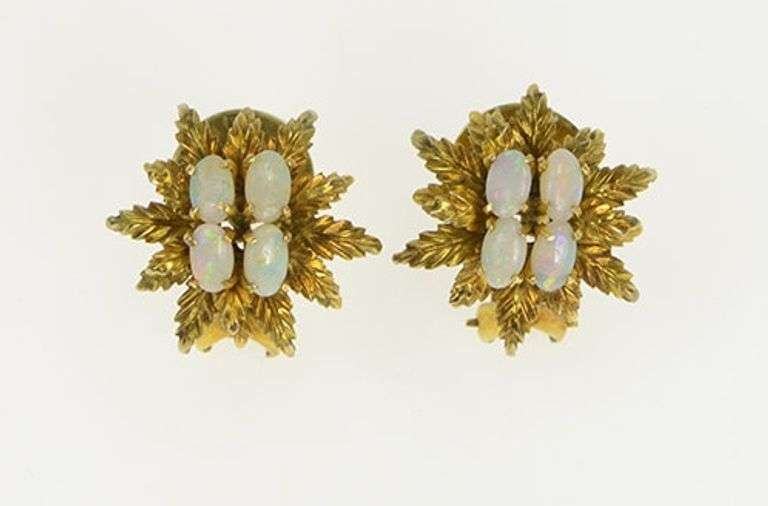 14K Yellow Gold 1960's Ornate Opal Leaf Cluster French Clip Earrings